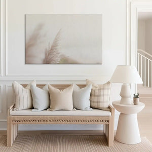Large pastel shoreline canvas print perfect for above sofa placement in bright rooms