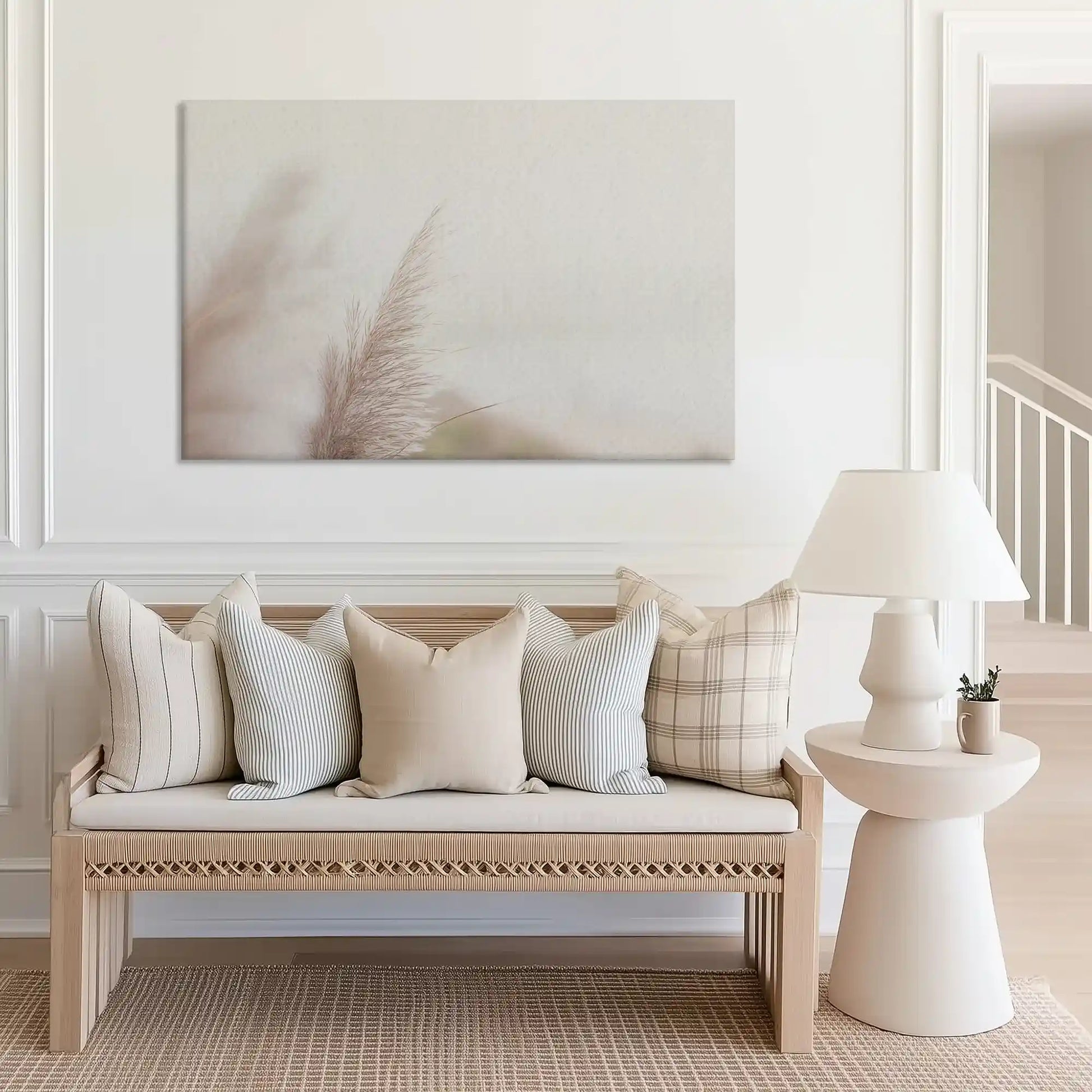 Large pastel shoreline canvas print perfect for above sofa placement in bright rooms