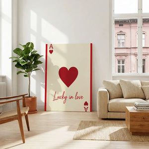 Fine art canvas with a flat graphic rendering of a red heart and stylized card symbols, designed in a bold, modern style.