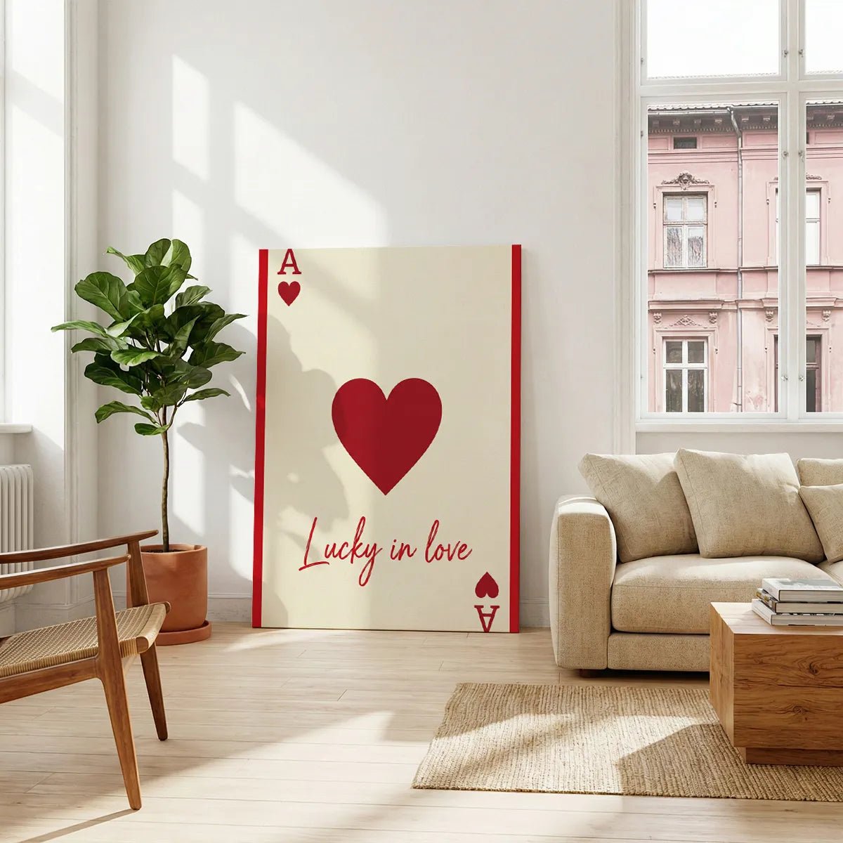 Fine art canvas with a flat graphic rendering of a red heart and stylized card symbols, designed in a bold, modern style.