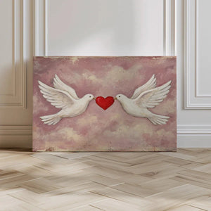 Vertical canvas art showing a romantic dove and heart motif on a cloudy pink background, styled with gentle, textured brushwork.