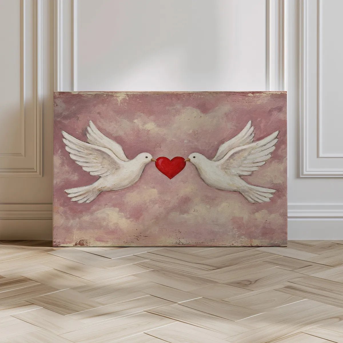 Vertical canvas art showing a romantic dove and heart motif on a cloudy pink background, styled with gentle, textured brushwork.