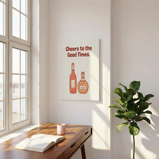 Playful canvas wall art showing a tall and short bottle side by side beneath celebratory text in warm muted tones.