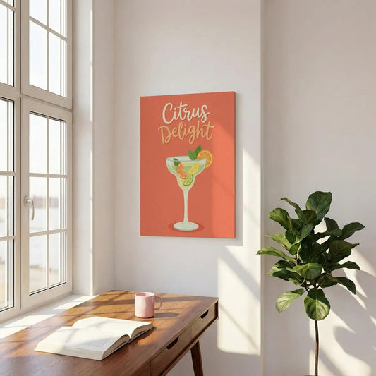 Playful canvas wall art showing a vibrant citrus drink in a cocktail glass with fresh garnishes and bold typography.
