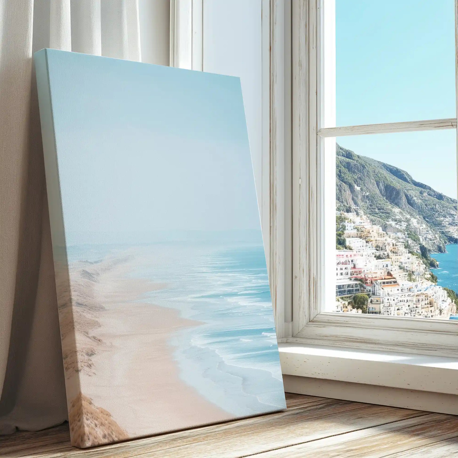 Aerial waves on sandy coast captured in a canvas print with modern style