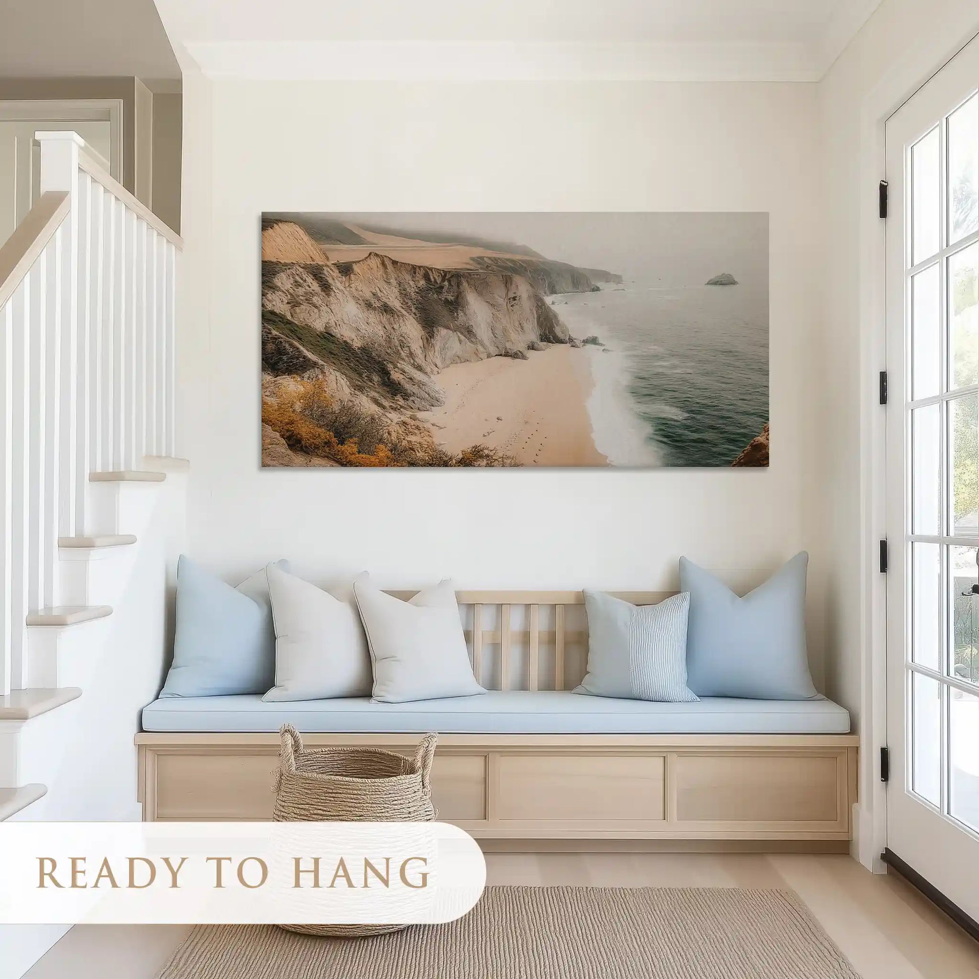 Extra large coastal cliff canvas art highlighting sandy beach and dramatic rock formations