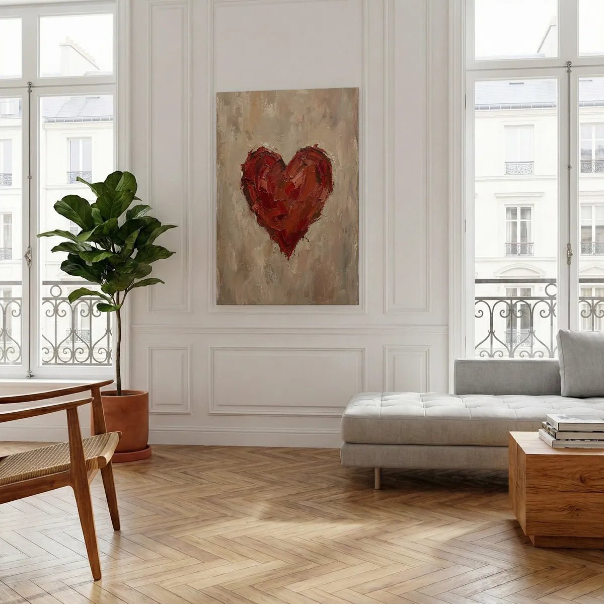 Decorative canvas print with a textured red heart and warm tones, adding intensity to contemporary wall spaces.