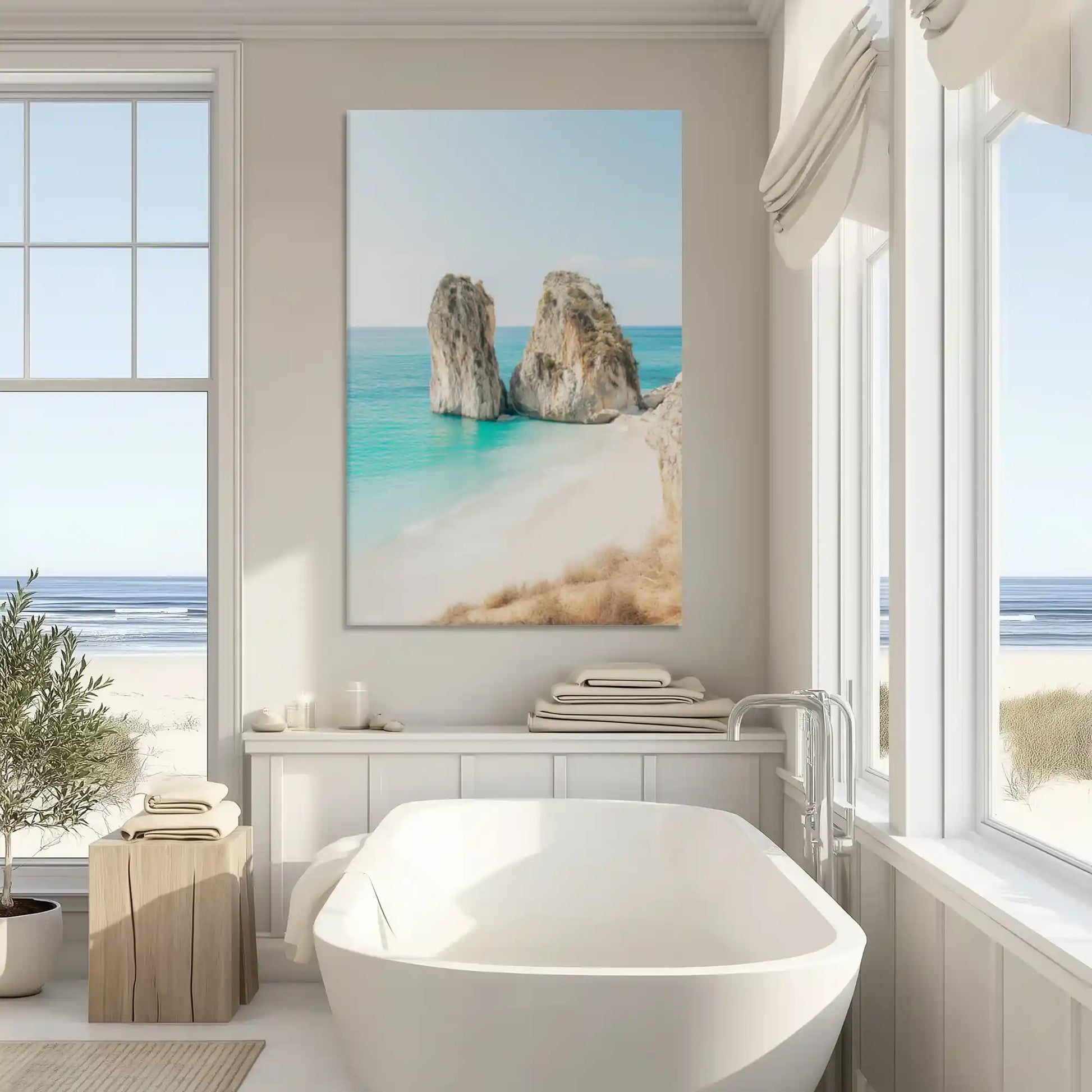 Neutral coastal seascape canvas art enhancing modern wall decor with soft natural tones