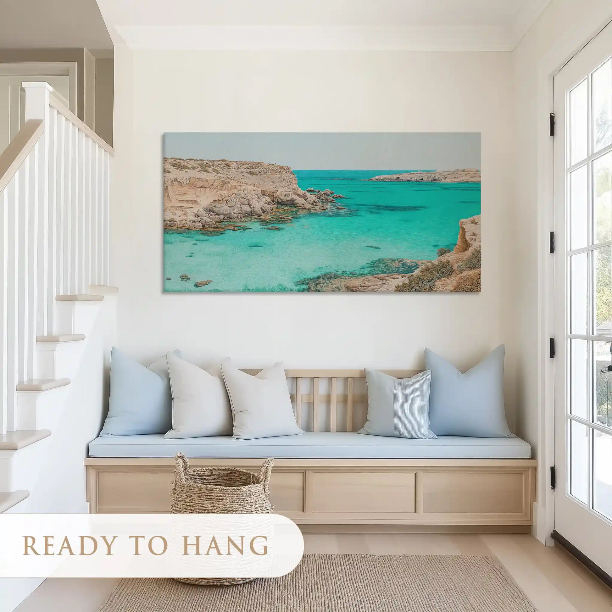 Calm turquoise horizon canvas art with sandy tones for airy and coastal living rooms