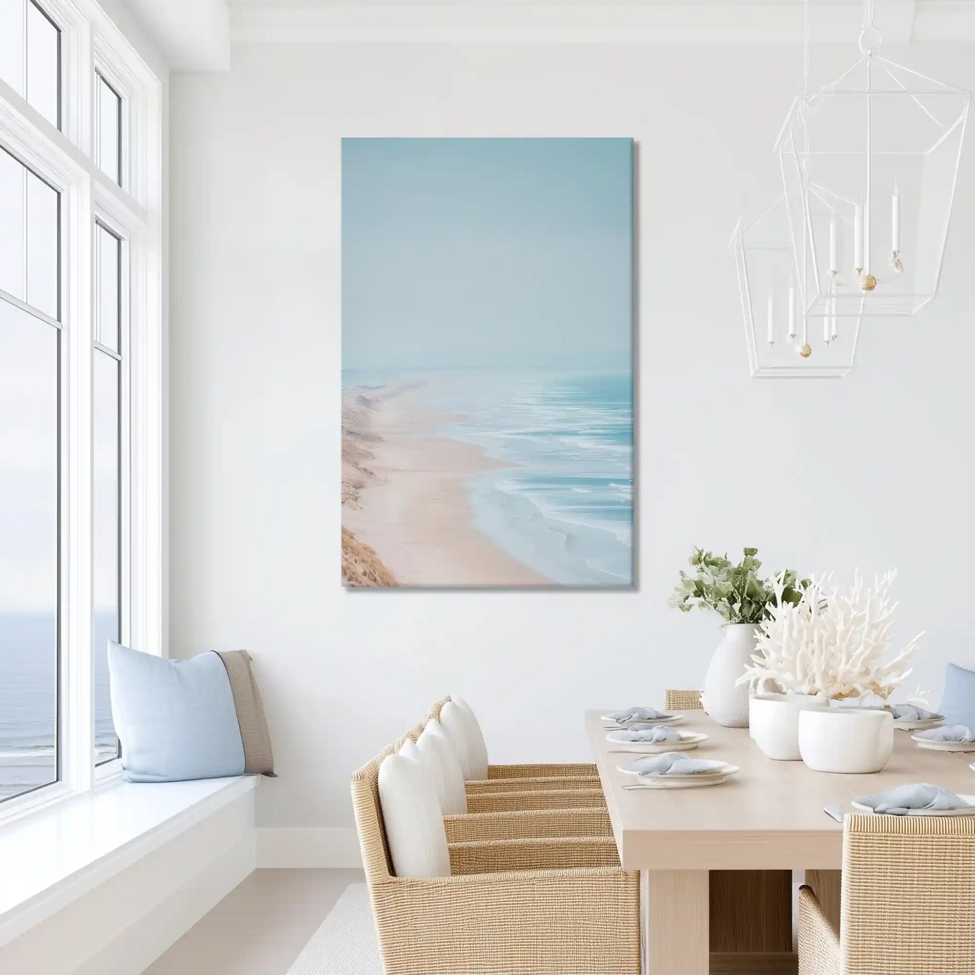 Oversized shoreline canvas wall art for serene bathroom retreat