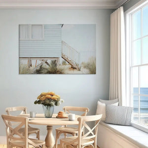 Pastel seaside cabin canvas art enhancing serene bedroom wall design