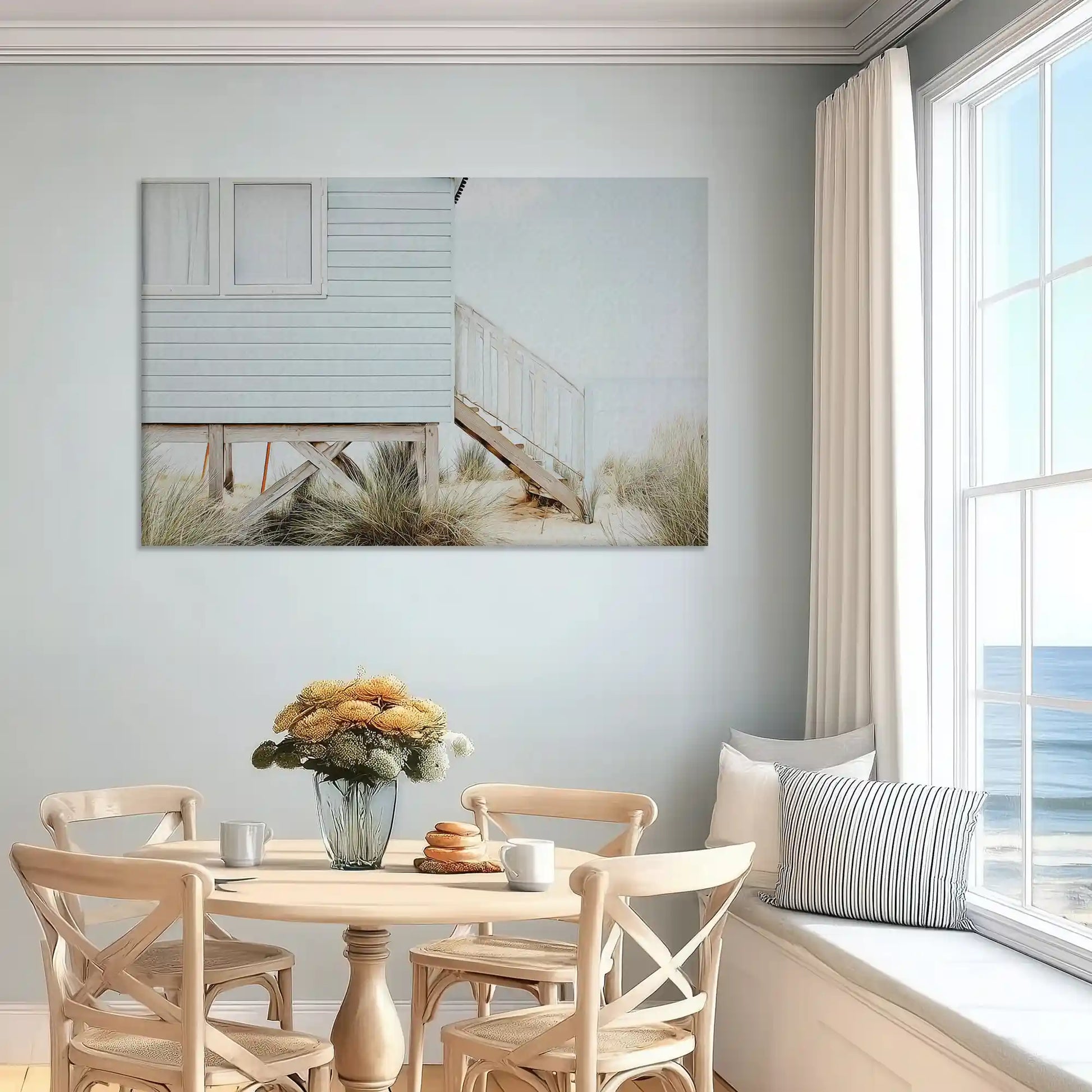 Pastel seaside cabin canvas art enhancing serene bedroom wall design