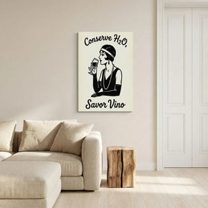 Stylized canvas wall art of a flapper woman holding a wine glass with 'Conserve H2O, Savor Vino' text in bold black and white