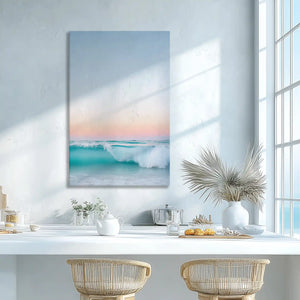 Sunset seascape wall decor adding light to bright dining room spaces