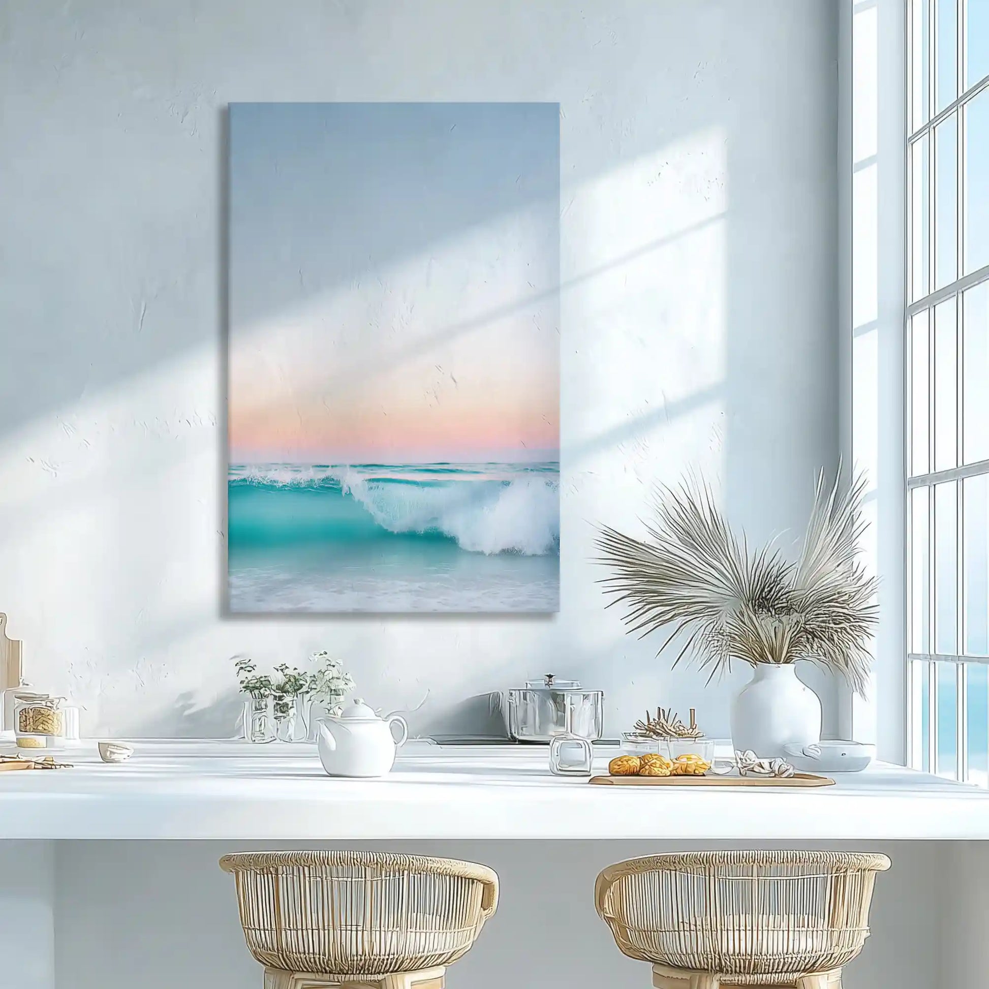 Sunset seascape wall decor adding light to bright dining room spaces