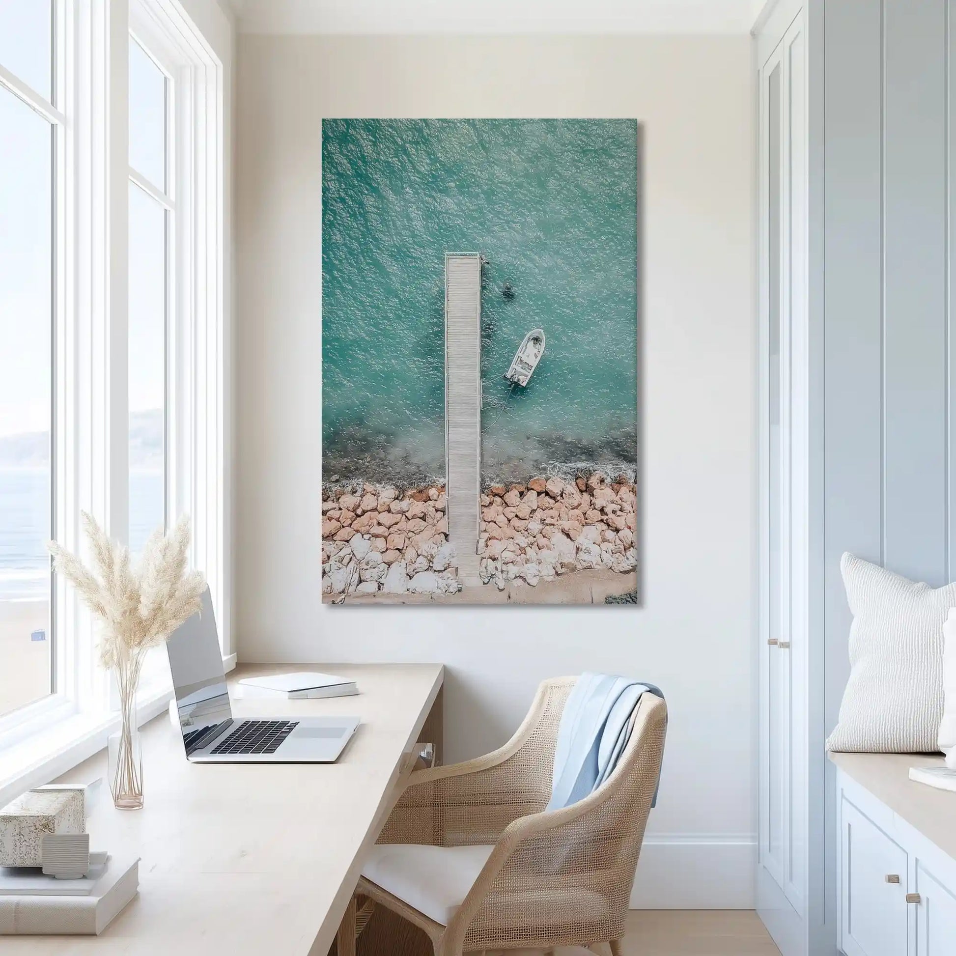 Peaceful shoreline painting in pastel tones, uplifting wall decor for minimalist home design