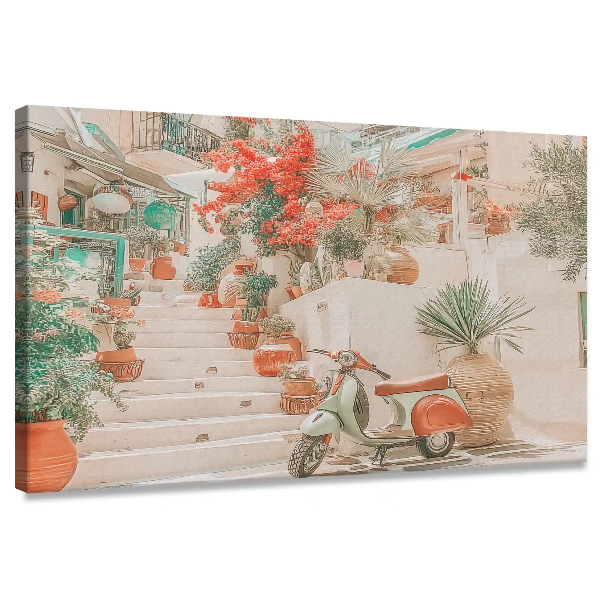 Mediterranean village canvas wall art with floral staircase and scooter for living room décor