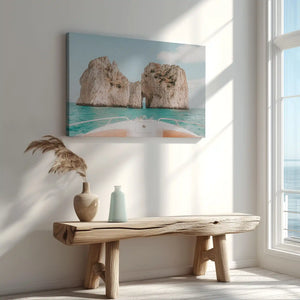 Mediterranean coastal wall art canvas with iconic Capri cliffs and pastel sky backdrop