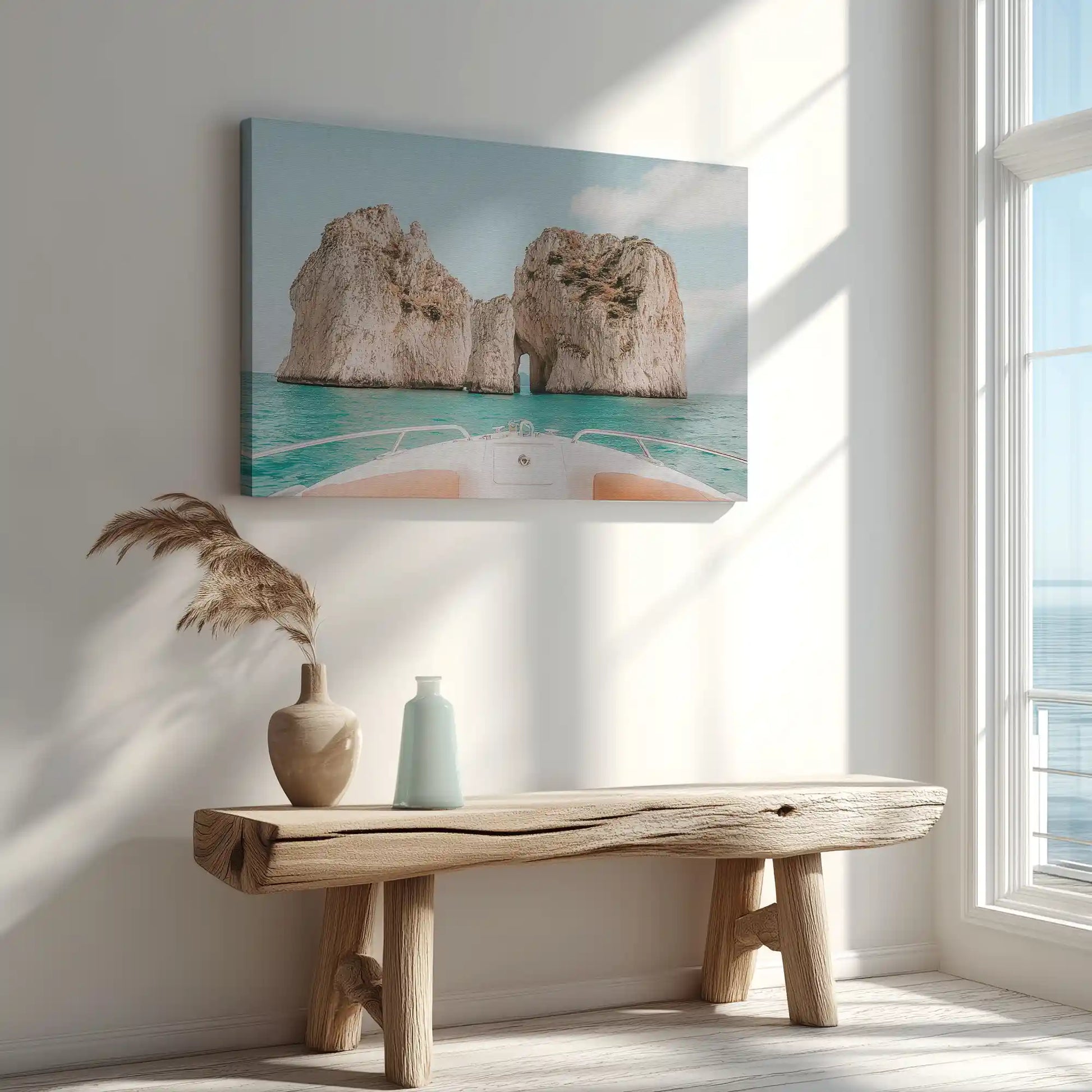 Mediterranean coastal wall art canvas with iconic Capri cliffs and pastel sky backdrop