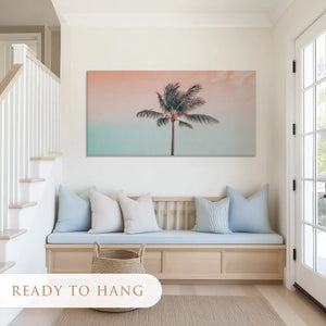 Calm pastel palm canvas art with sunset hues for airy minimalist living rooms