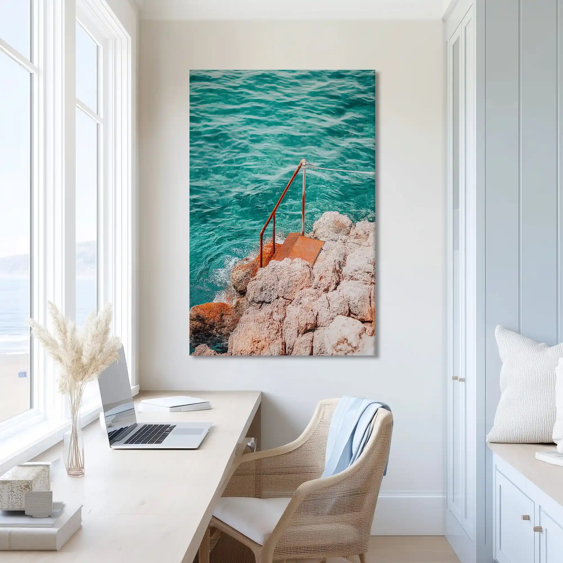 Extra large coastal rock and sea canvas wall art showcasing turquoise waves for airy interiors