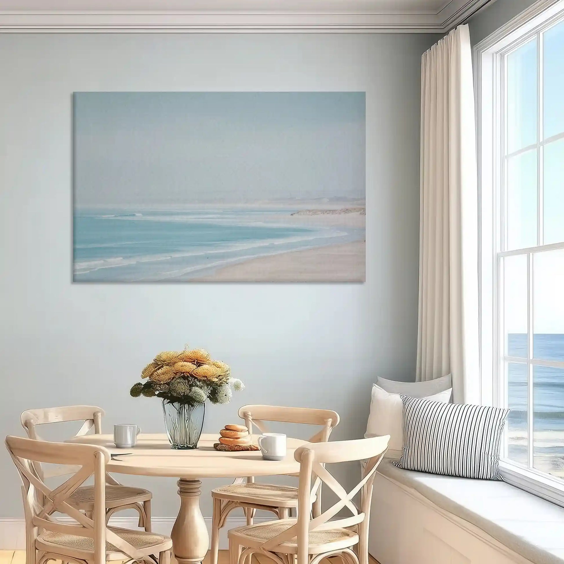 Neutral pastel ocean canvas art enhancing serene bedroom wall design