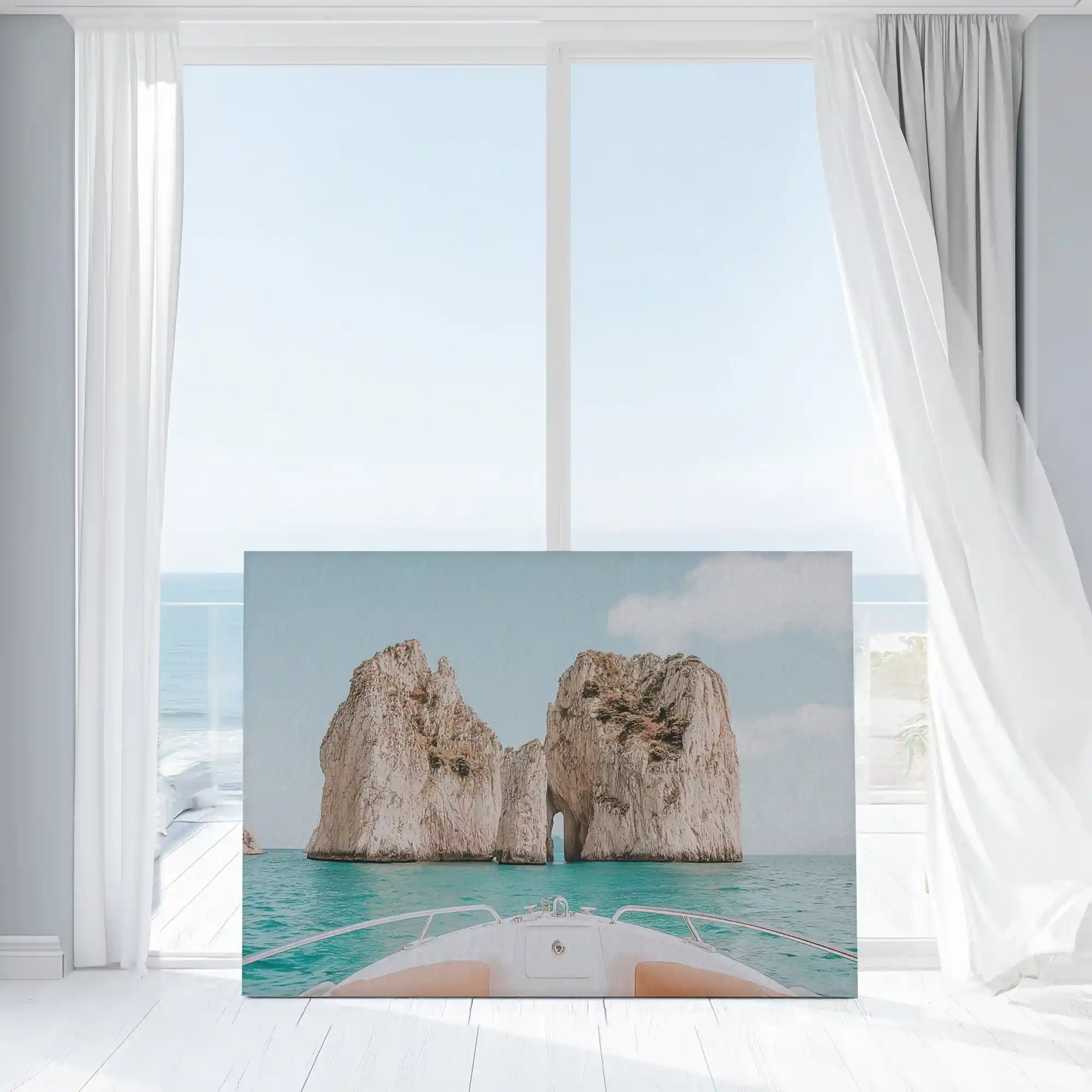 Large coastal canvas print featuring Italian rock formations rising above the blue sea