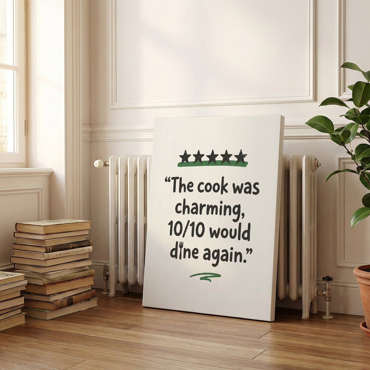Decorative canvas print with bold lettering, five-star motif, and clean layout, perfect for casual home kitchens.