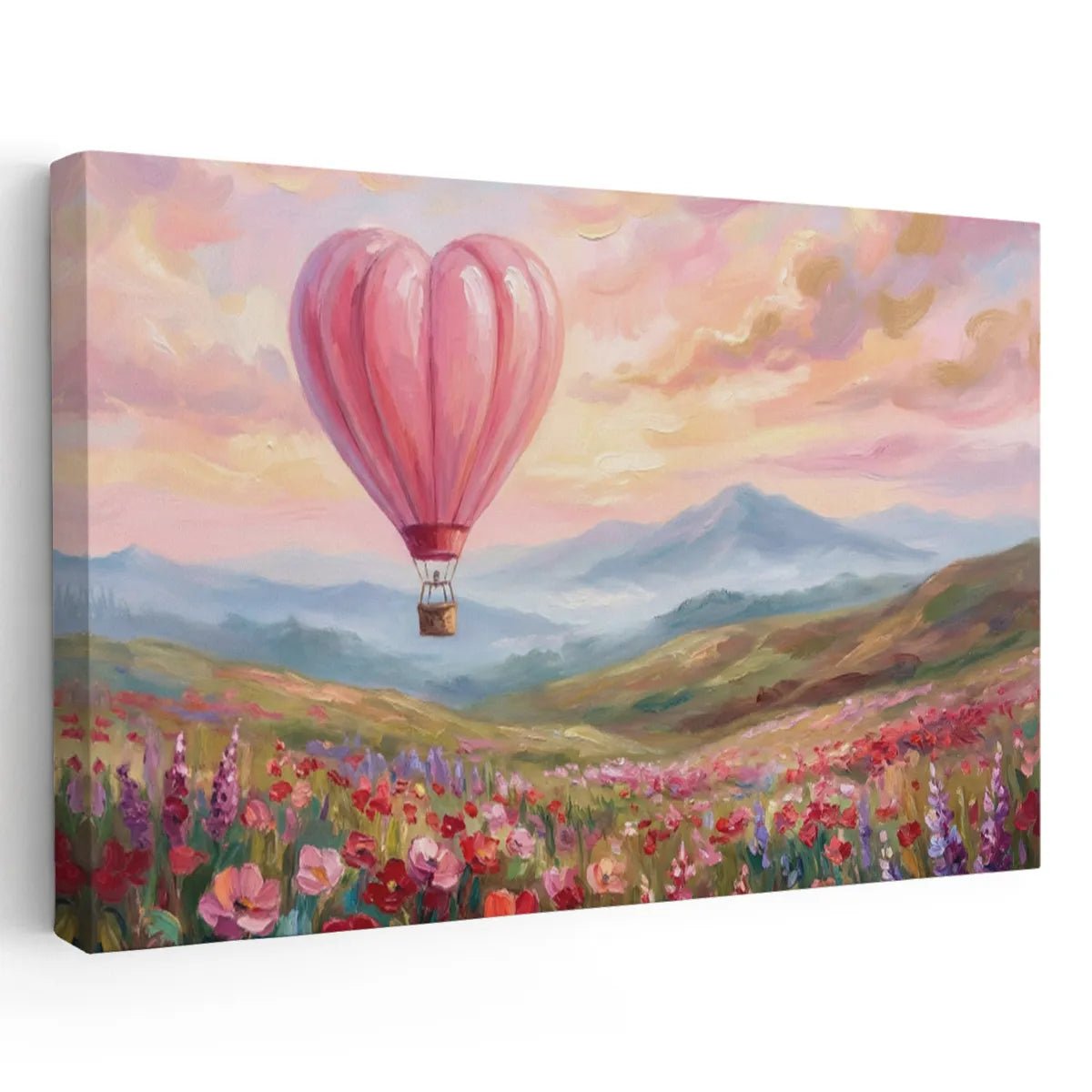 Romantic canvas wall art featuring a heart-shaped hot air balloon floating above a colorful flower field with pastel mountains.