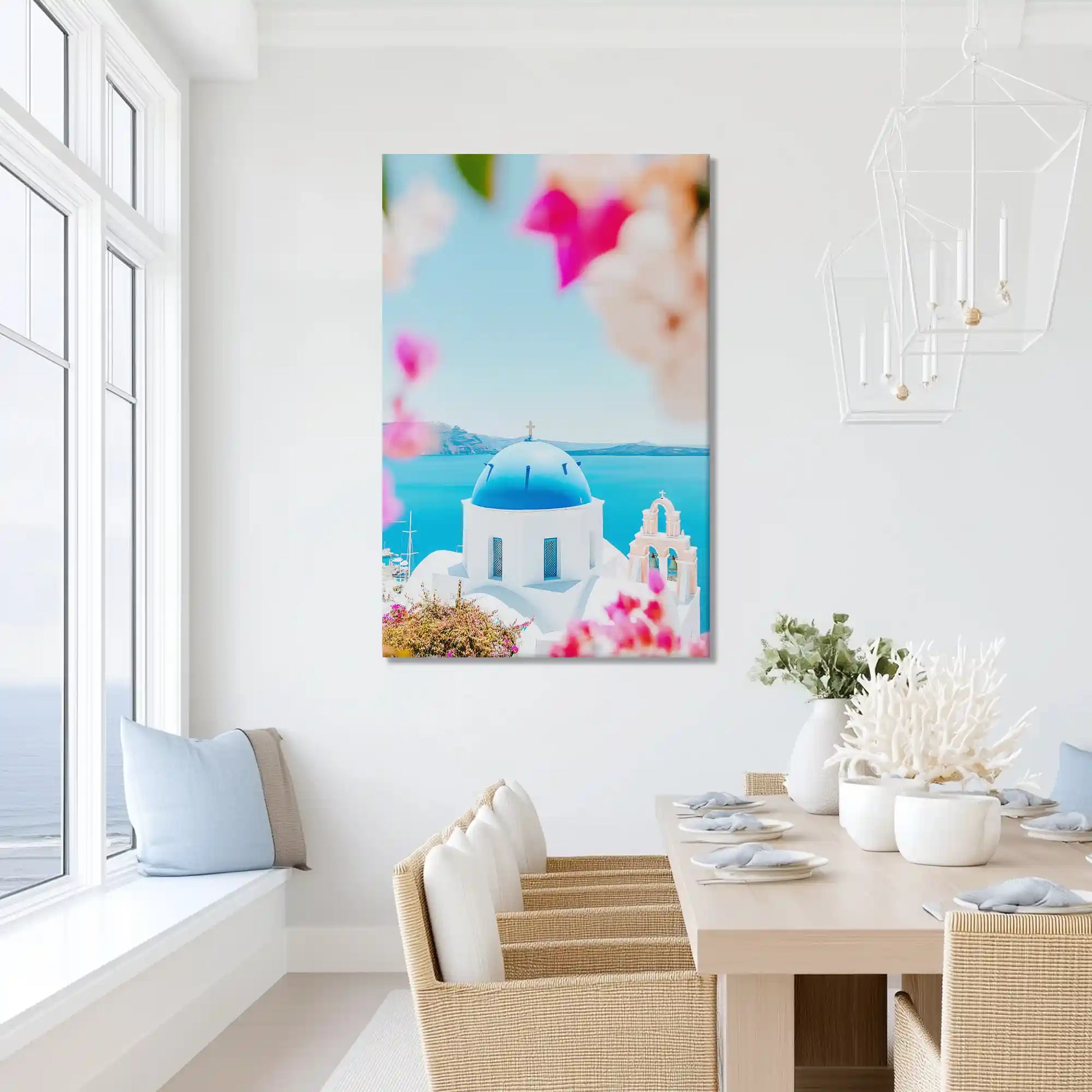 Vivid island landscape canvas print featuring ocean horizon and dome, ideal for sunny lounge walls