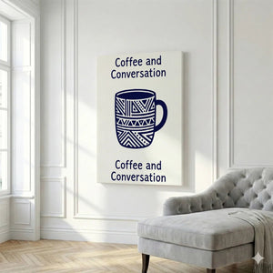 Bold canvas wall art showing a geometric coffee mug with clean lines and centered folk-style text in navy and white.