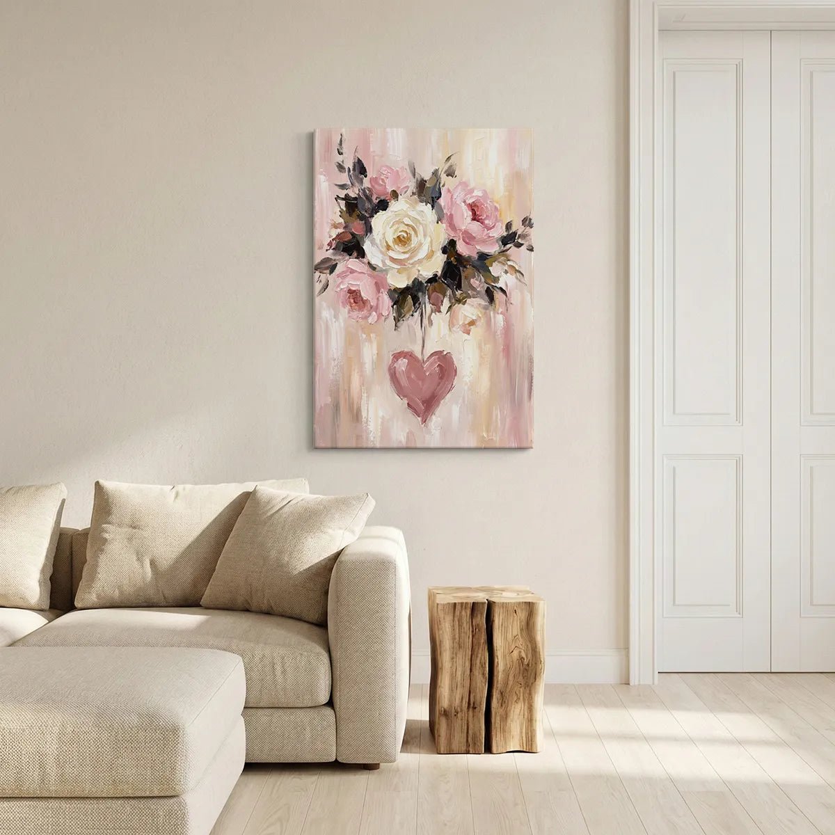 Impressionist canvas wall art with soft pink and cream roses above a heart symbol, centered on a warm-toned vertical layout