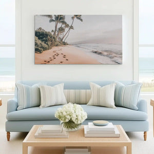 Soft pastel palm beach canvas art enhancing serene bedroom wall design