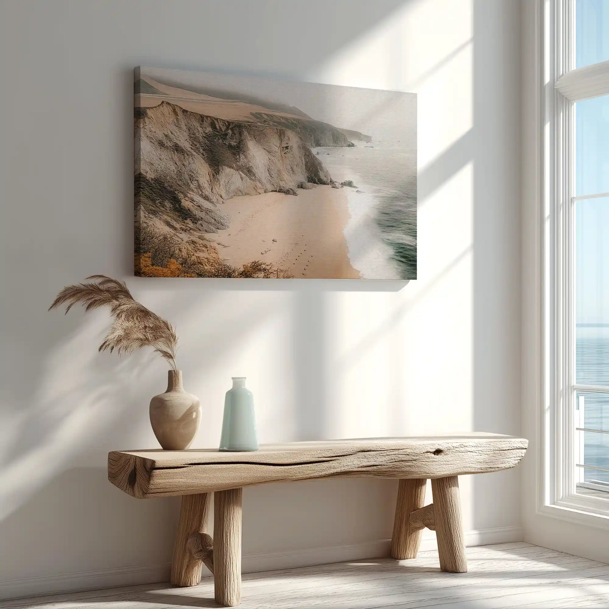 Golden hour cliffs and shoreline captured in canvas print with contemporary coastal style