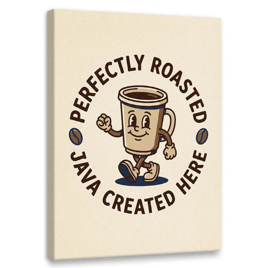 Vintage cartoon canvas wall art featuring a smiling anthropomorphic coffee cup walking cheerfully with bold text and coffee bean icons