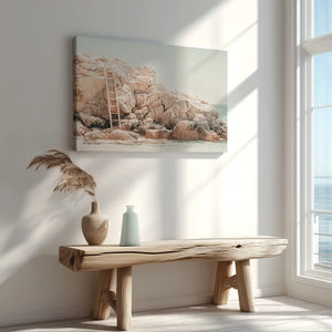 Rocky shoreline painting captured in canvas art with rustic coastal style