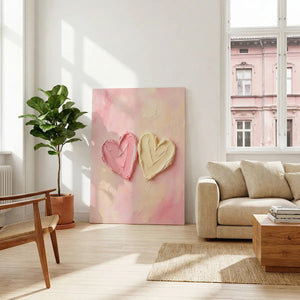 Vertical canvas art with centered heart shapes in pastel hues, painted in a romantic and affectionate abstract style.