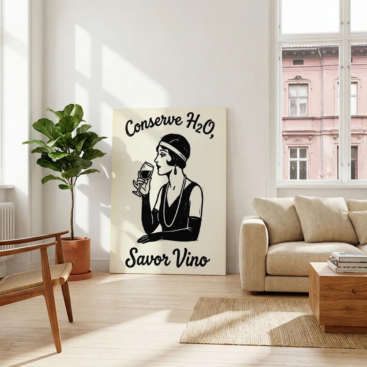 Vertical canvas art with a 1920s woman in profile holding a wine glass, set against a minimal black and white background