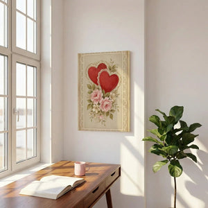 Romantic canvas wall art with a centered cluster of red hearts and pastel roses framed by delicate lace on a muted background.