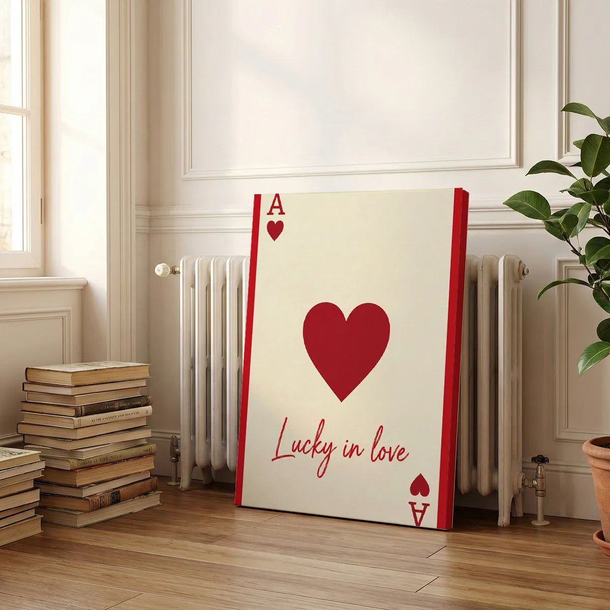 Minimalist canvas artwork depicting a heart-themed playing card with sharp lines and centered romantic text.