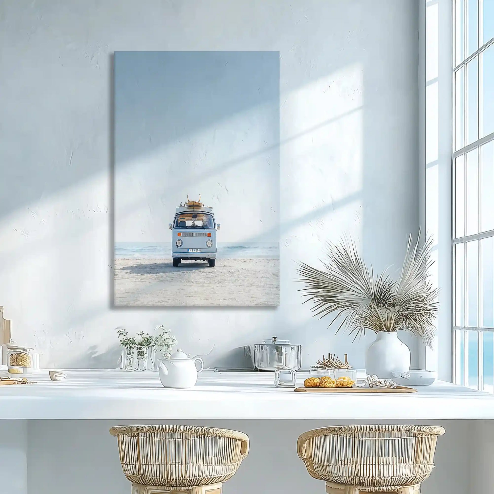 Neutral camper van wall decor adding relaxed coastal charm to dining room