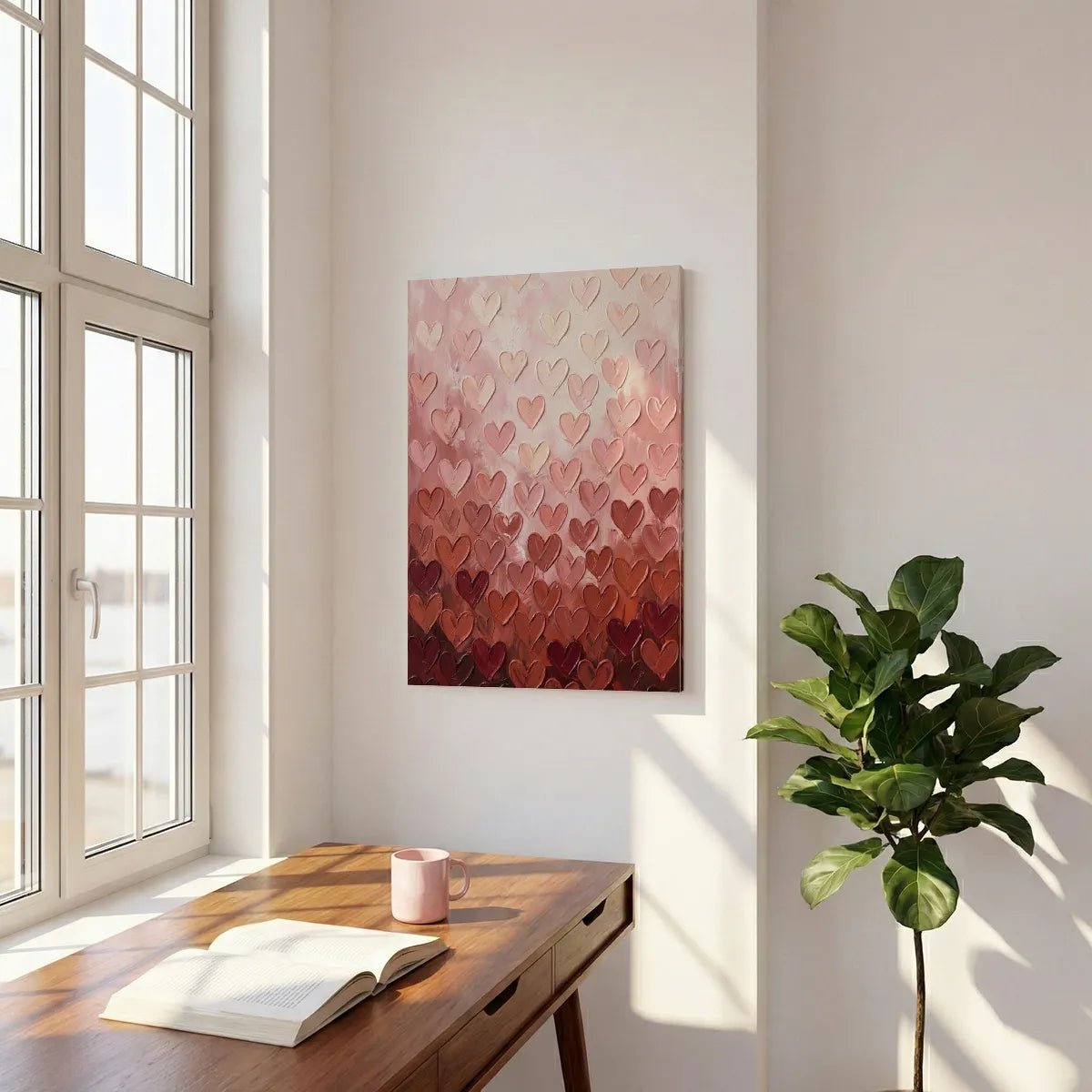 Impressionist-inspired canvas artwork with evenly spaced heart shapes in soft, layered tones of red and peach