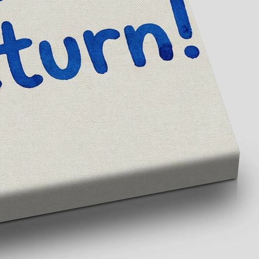 Minimalist canvas wall art with bold blue typography and five stars centered on a plain white background