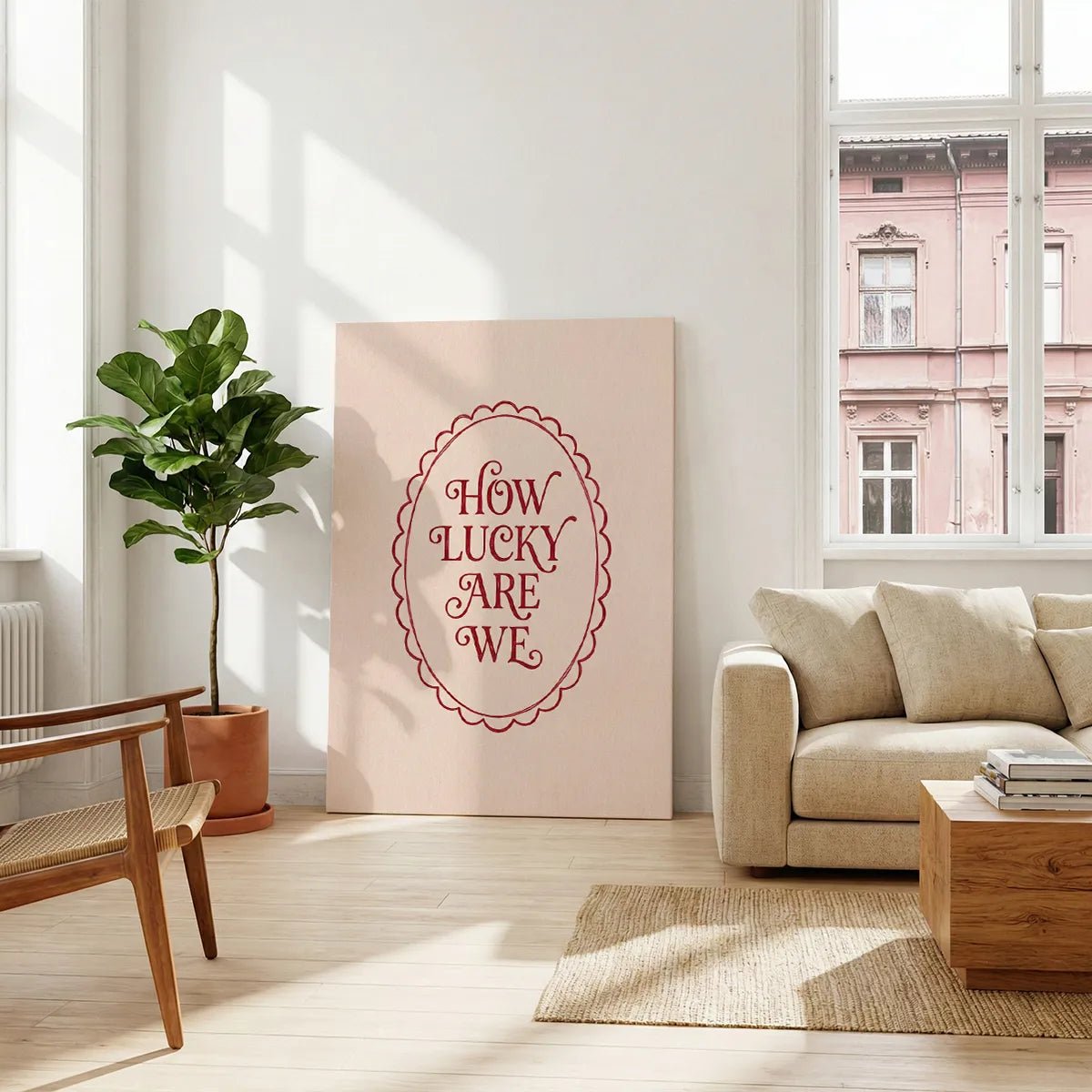 Decorative canvas print with simple red text framed in a vintage-style oval, ideal for cozy bedroom or living room decor