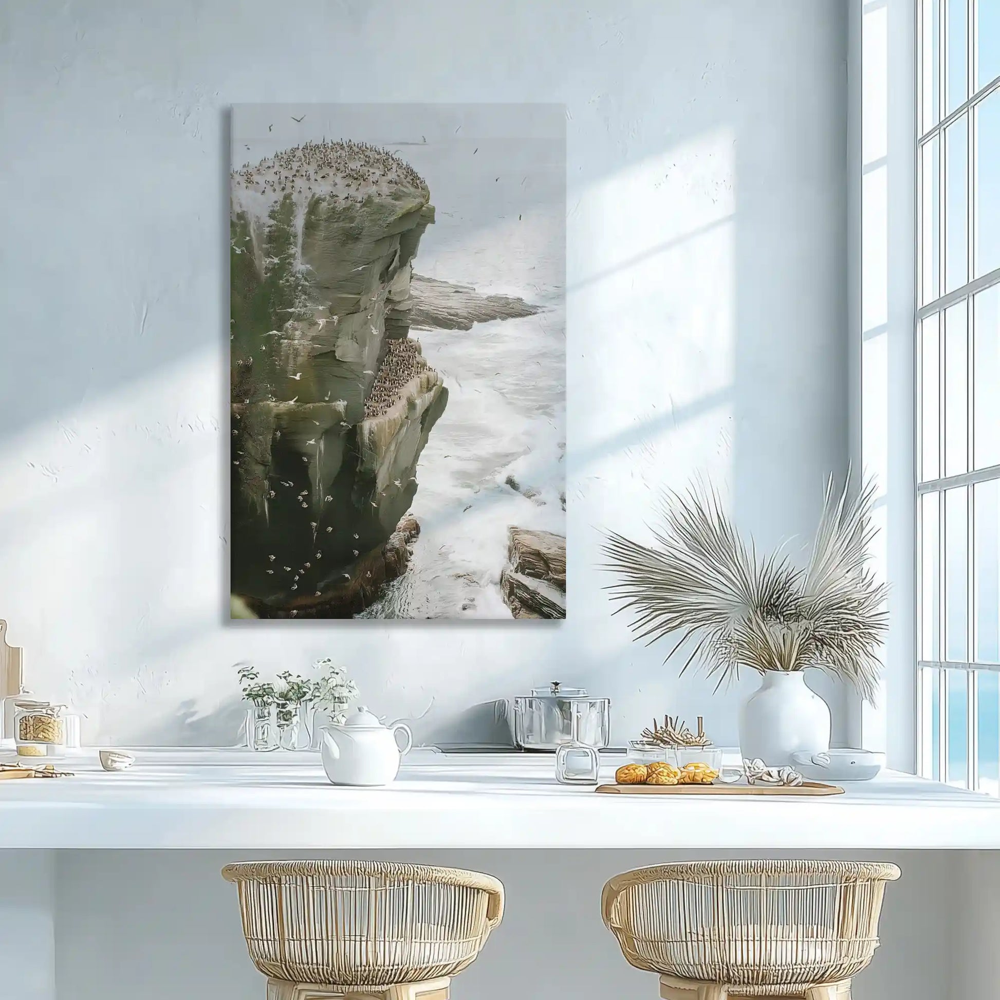 Towering rock formation wall decor overlooking ocean, ideal for coastal inspired home design