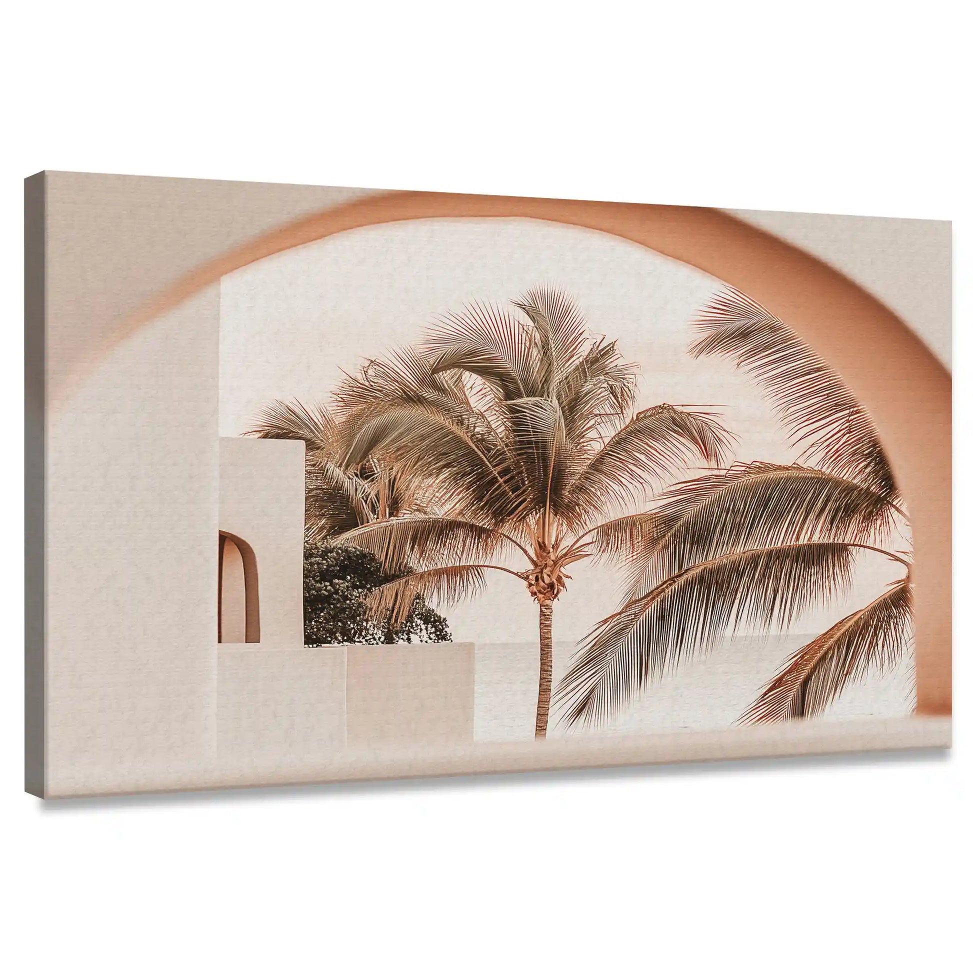 Mediterranean palm tree canvas wall art framed by terracotta arches for living room décor