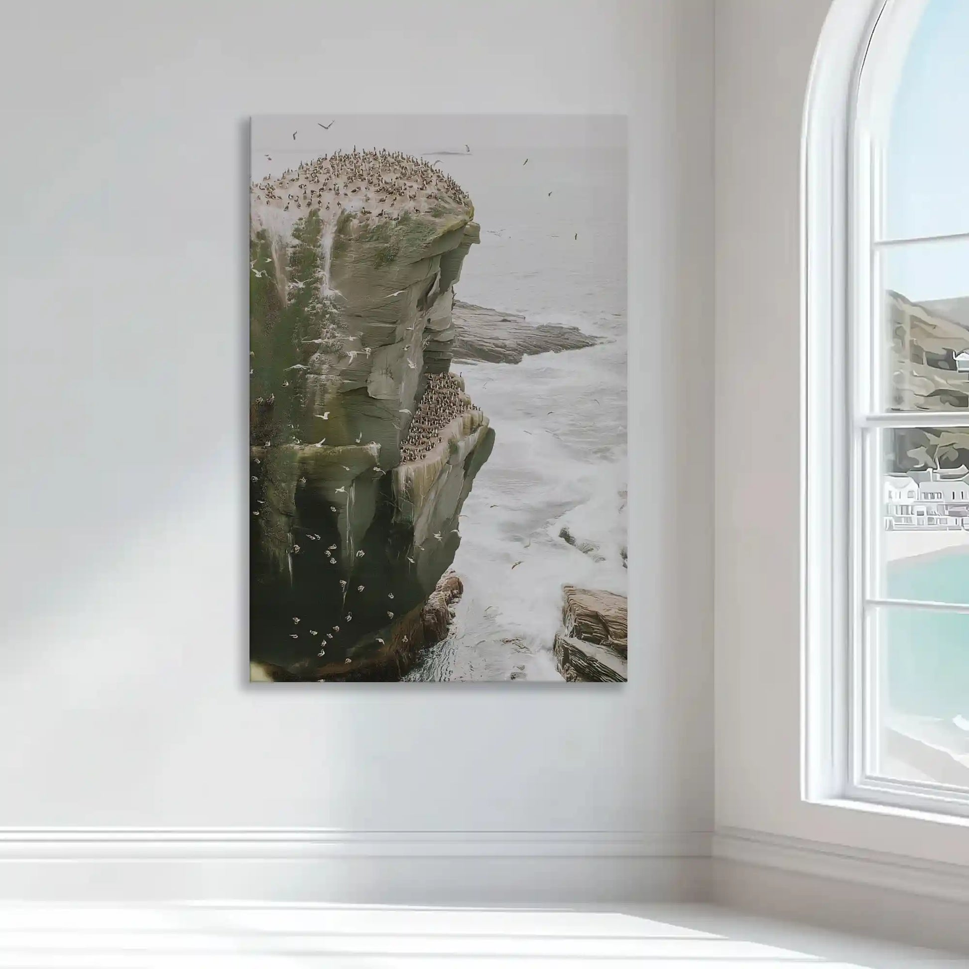 Neutral toned cliff wall art bringing wild and untamed coastal mood with waves crashing below