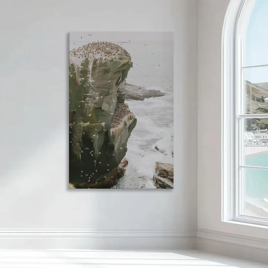 Neutral toned cliff wall art bringing wild and untamed coastal mood with waves crashing below