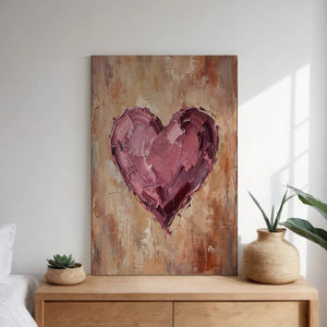 Canvas wall art print featuring a centralized heart in muted romantic tones, ideal for rustic or bohemian bedroom decor