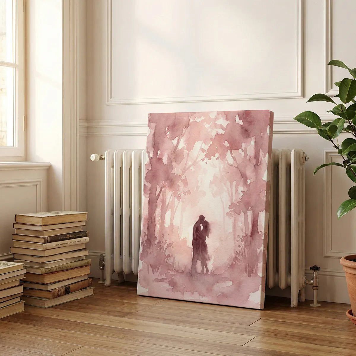 Decorative canvas print of a couple standing close in a soft pink woodland, ideal for romantic bedroom decor.
